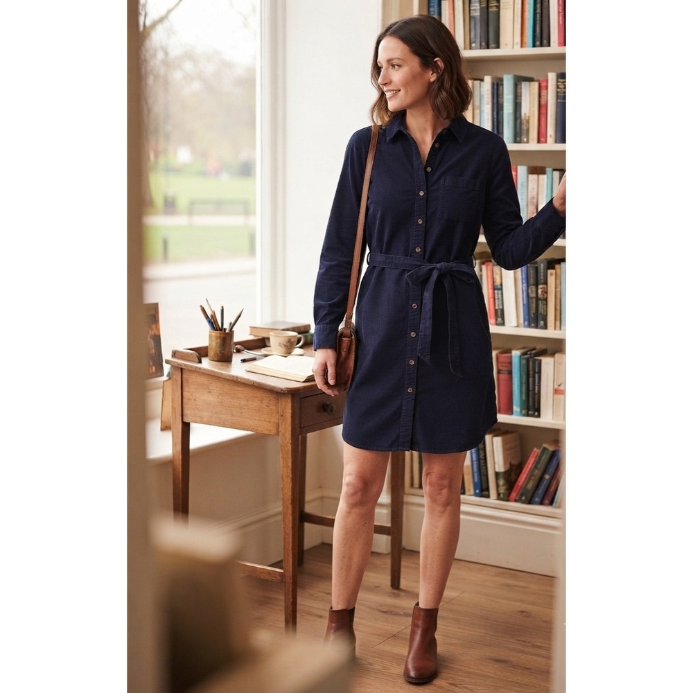 Lands End Navy Blue Corduroy Shirt Dress Long Sleeve Tie Waist Pocket Womens M